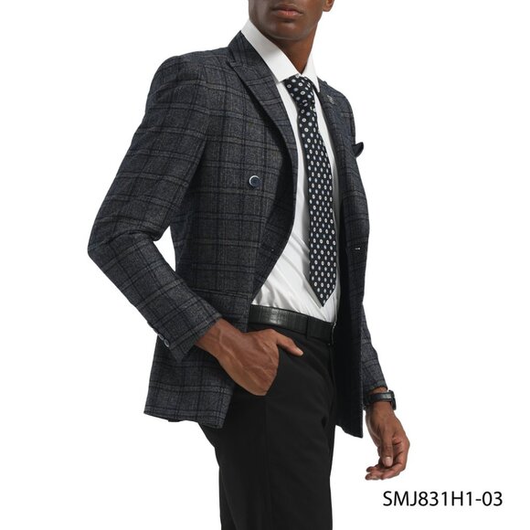 Navy Windowpane Double Breasted Peak Lapel Stacy Adams Men's Jacket - Picture 2 of 4